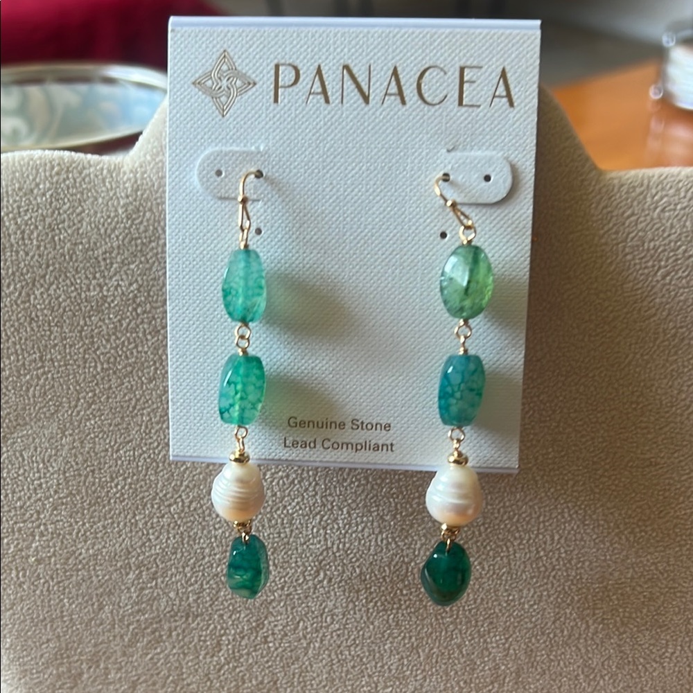 New Aventurine Stone and Faux Pearl Drop Earrings